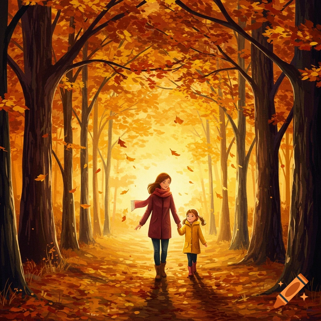 A mother and child walk hand-in-hand down a sunlit forest path covered in vibrant autumn leaves, in a painterly style.