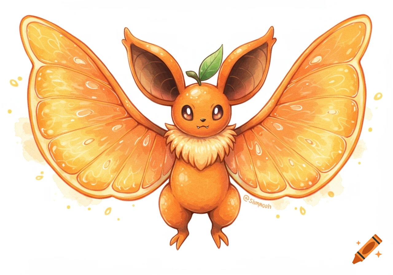 A cute orange fruit bat Pokemon with orange slice wings and a leaf on its head, in watercolor style on a white background.
