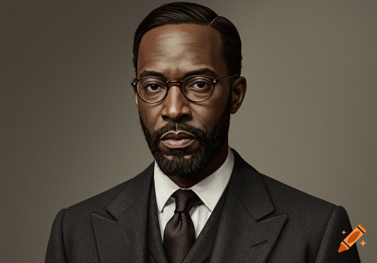Digital painting of a man with dark skin, a beard, and glasses, wearing a dark suit and tie, looking directly at the viewer.