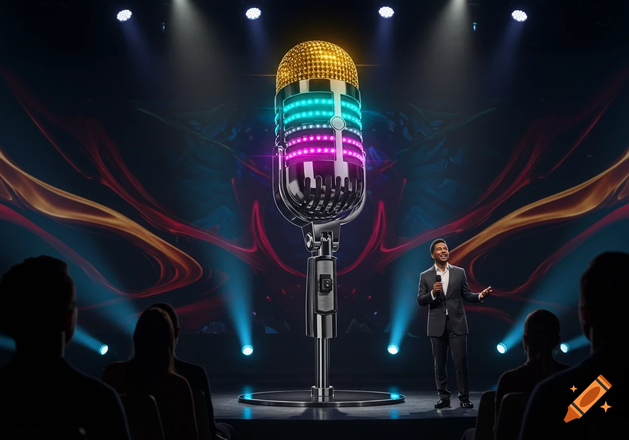 A male presenter speaks on a stage with dramatic lighting, standing next to a large, prominent, glowing retro microphone.