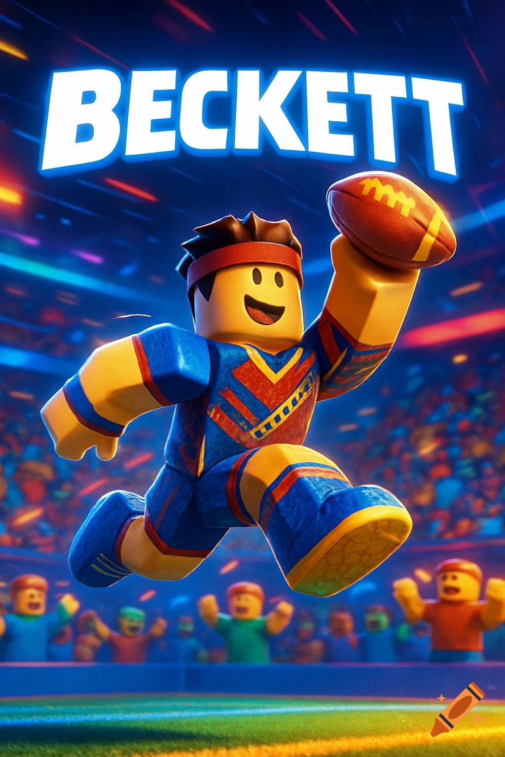 A 3D Roblox character in a football uniform runs, holding a football in a stadium with 'BECKETT' glowing above.