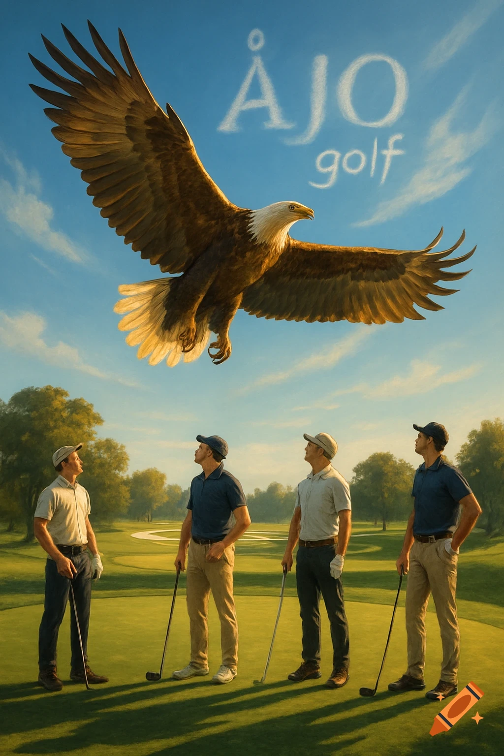 Four male golfers on a green golf course look up at a large bald eagle flying, with 'ÅJO golf' text in the sky.