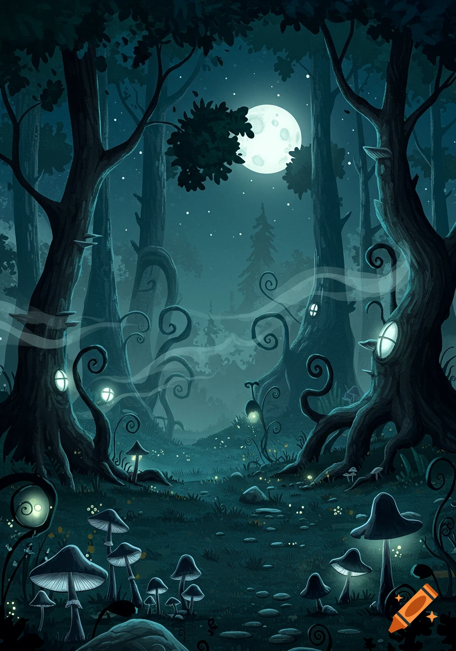 Whimsical dark fantasy forest at night under a full moon, with glowing mushrooms and trees with illuminated windows, in an illustration style.