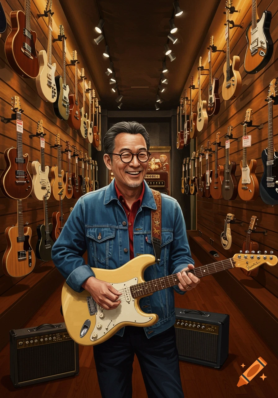 A middle-aged man in a denim jacket and glasses smiles while holding an electric guitar in a store filled with guitars and amplifiers.