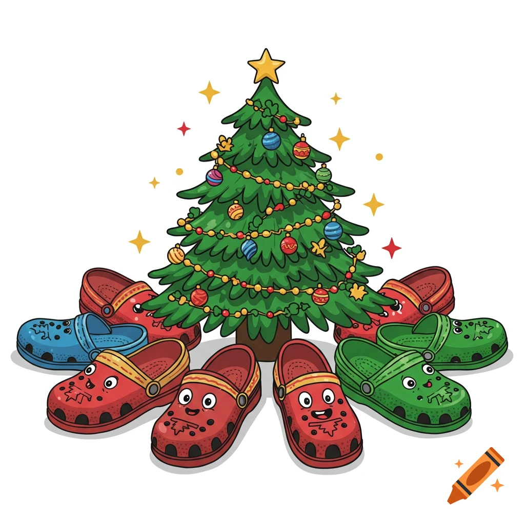A cartoon Christmas tree decorated with ornaments, surrounded by red, green, and blue cartoon sandals with faces.