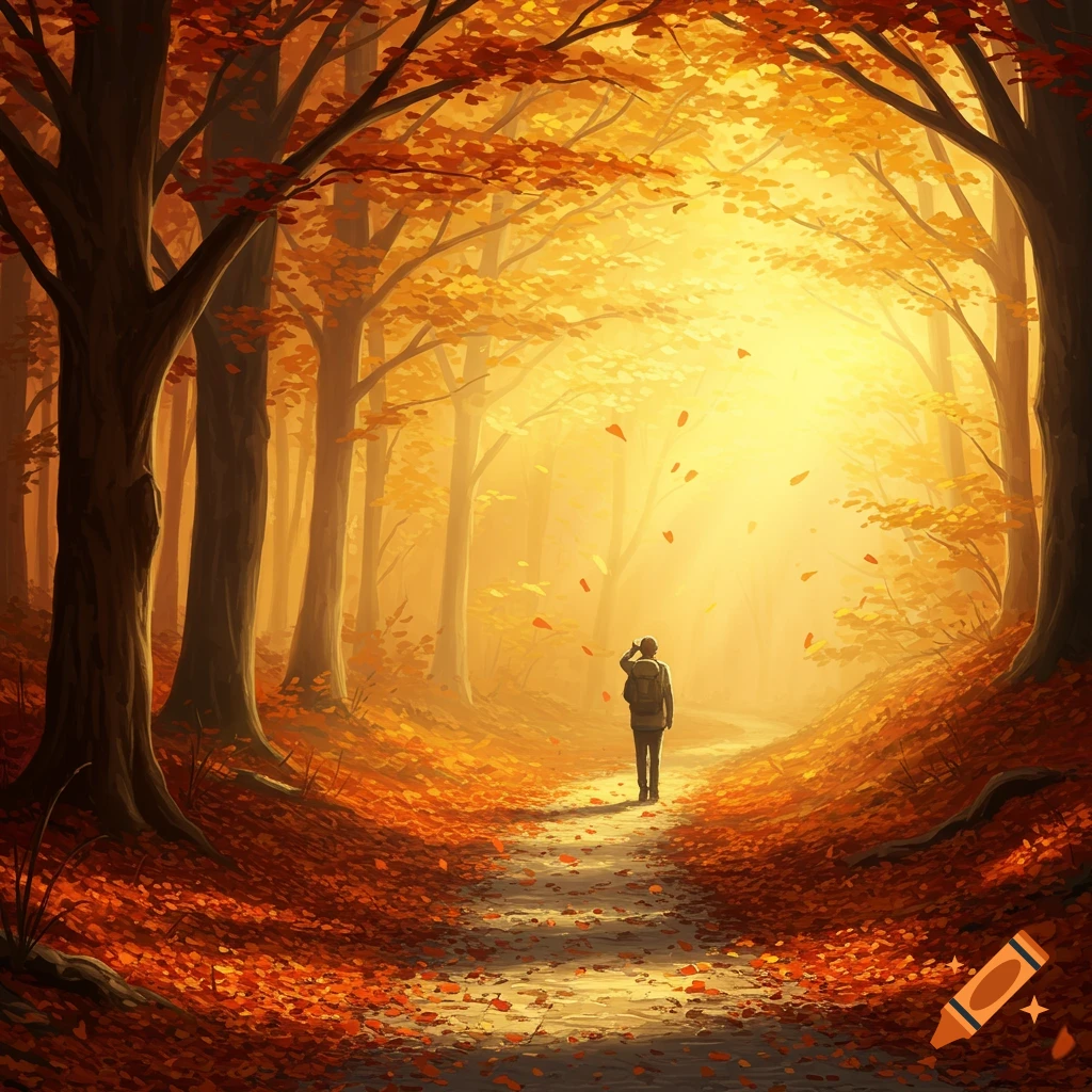 An illustrative painting of a person walking on a path through a sunlit autumn forest, covered in golden leaves.