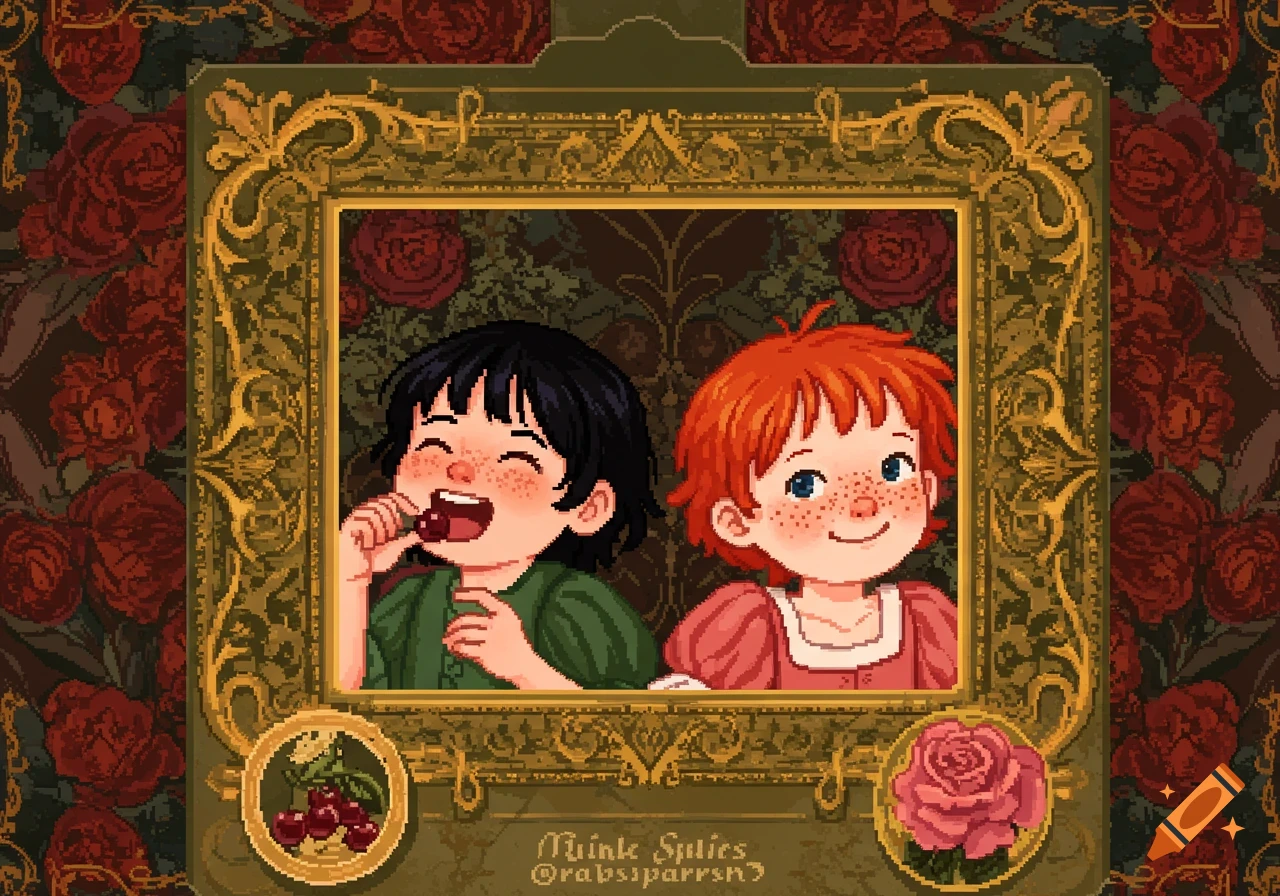 Pixel art illustration of two smiling children, one black-haired eating a cherry, the other red-haired, framed by ornate gold and red roses.