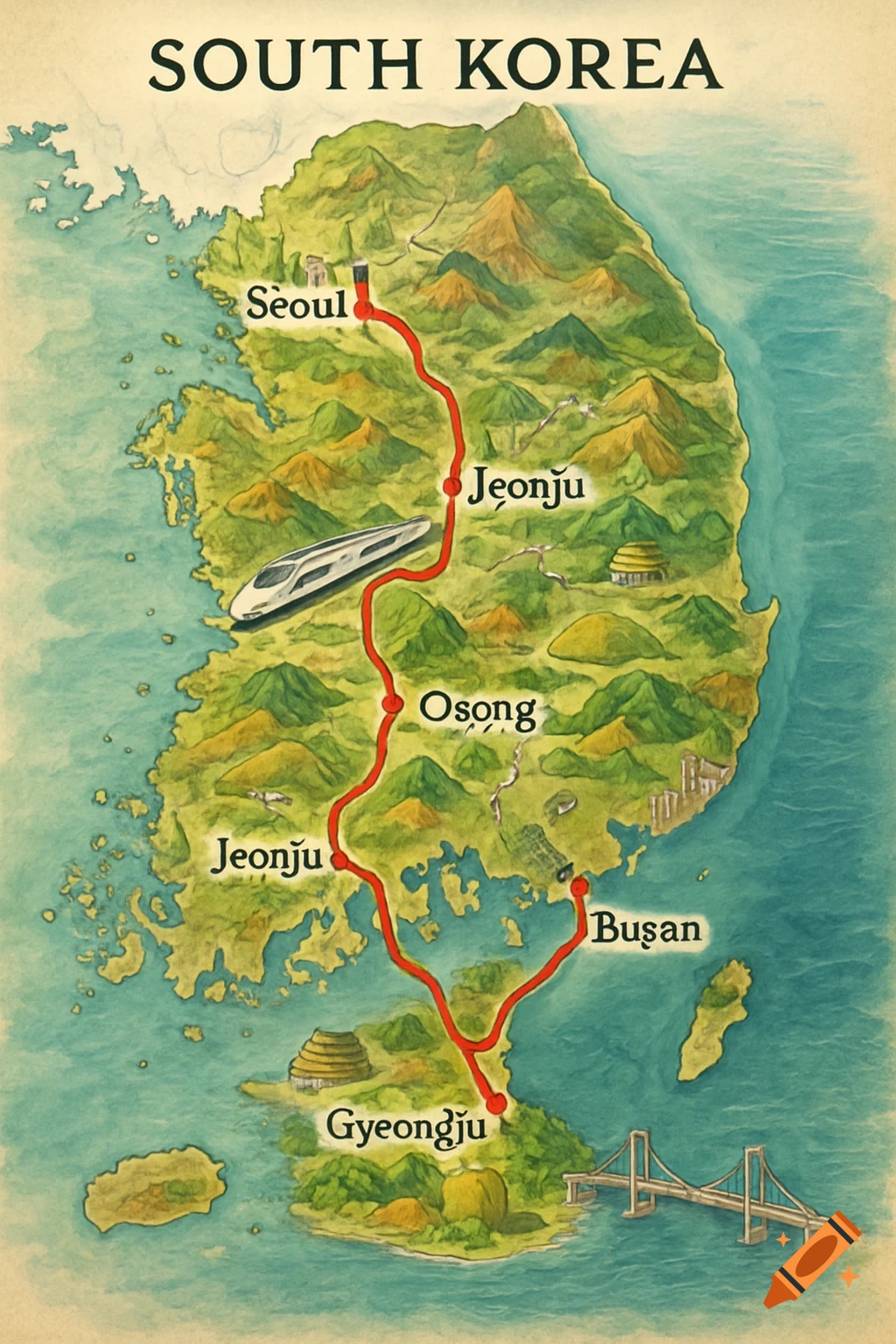 An illustrative map of South Korea with a red route highlighting cities like Seoul, Jeonju, Osong, Busan, and Gyeongju, in a watercolor style.
