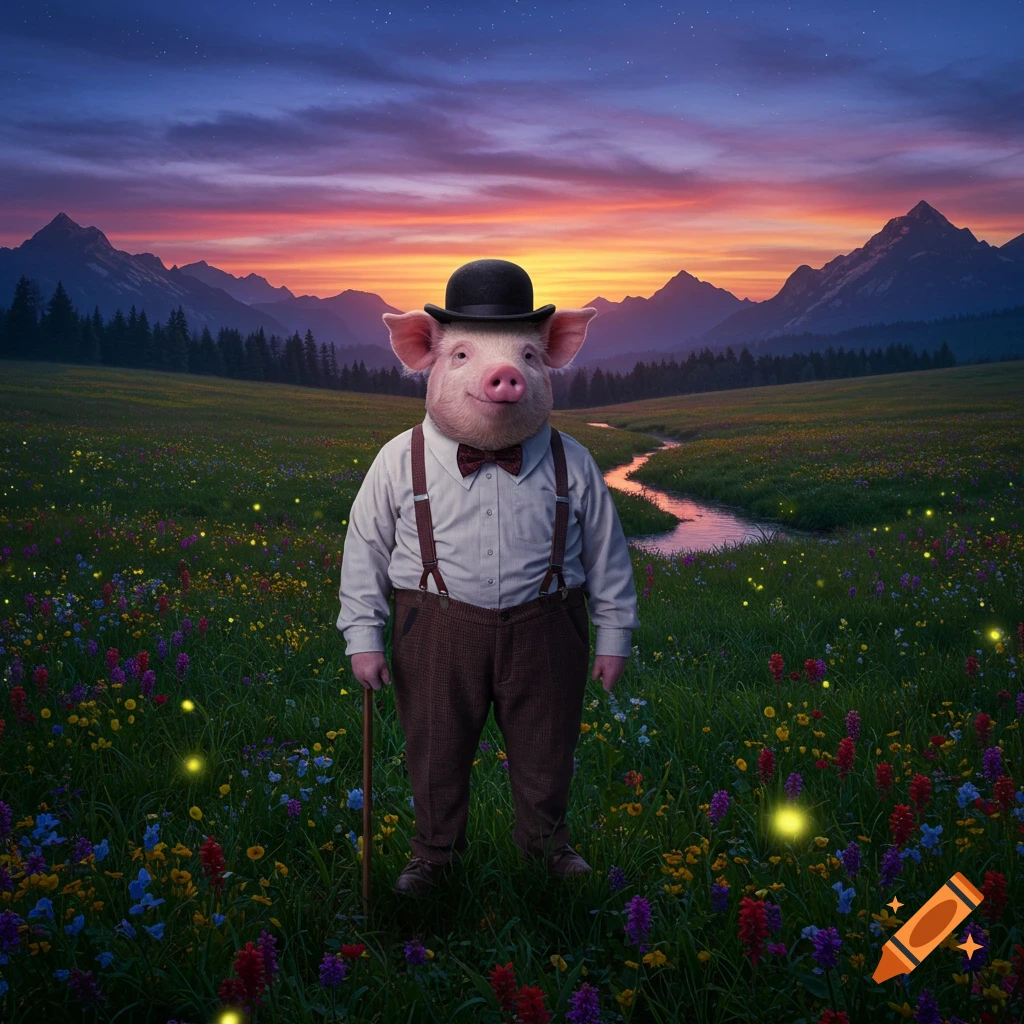 A formally dressed anthropomorphic pig in a bowler hat and bow tie stands in a vibrant meadow with glowing flowers, a winding river, and mountains at sunset.