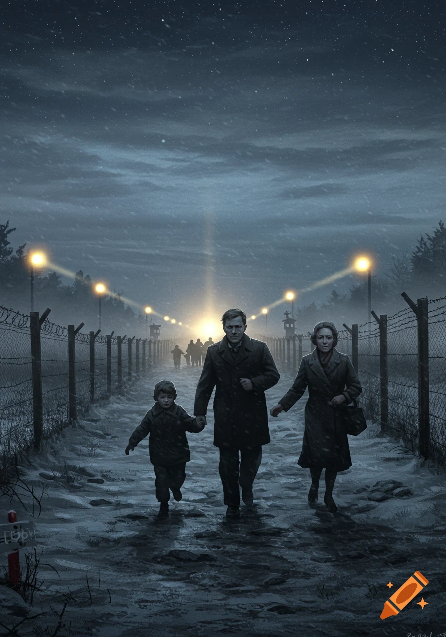 A family walks through a snowy, barbed-wire fenced path at night, with bright lights in the distance. Dark, dramatic illustration.