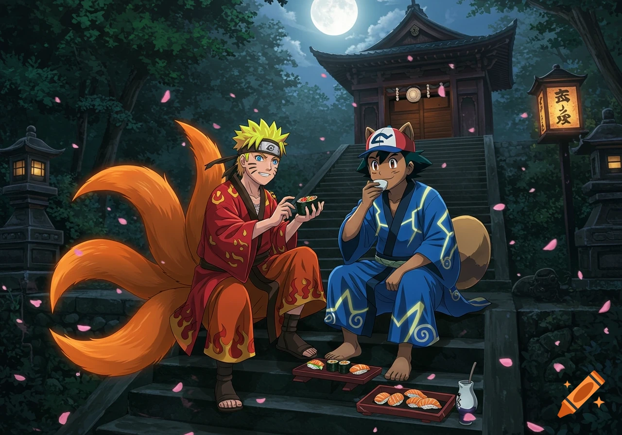 Naruto and Ash Ketchum, as yokai, sit on temple steps eating sushi under a full moon in an anime style.