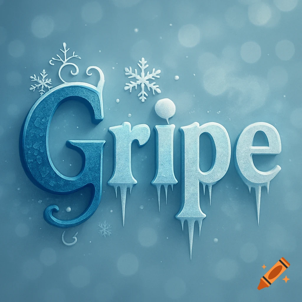 Stylized blue and white word 'Gripe' with ice and snowflakes on a blue background.