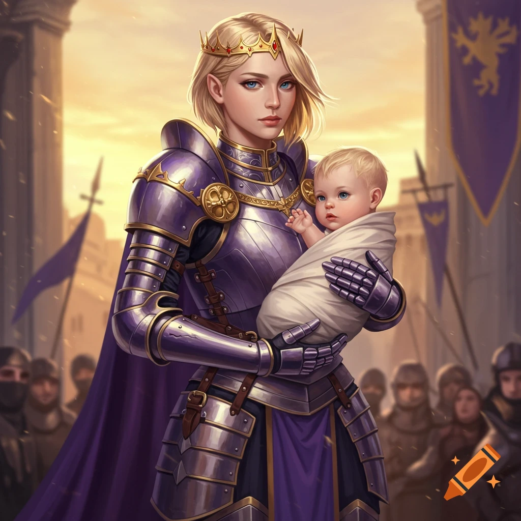A blonde warrior queen in purple armor and a crown holds a baby, with soldiers in the background of a castle courtyard.