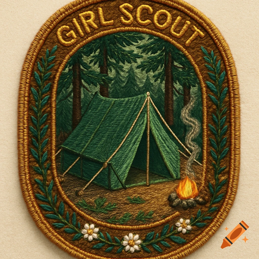 Embroidered Girl Scout badge featuring a green tent, campfire, and pine trees in a forest, with 'GIRL SCOUT' text.
