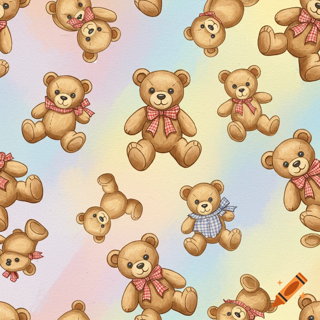Seamless watercolor pattern of vintage teddy bears with checkered bows on a pastel gradient background.