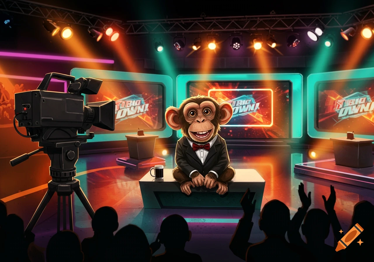 Cartoon chimpanzee in a tuxedo hosts a brightly lit TV show, with a camera and silhouetted audience.