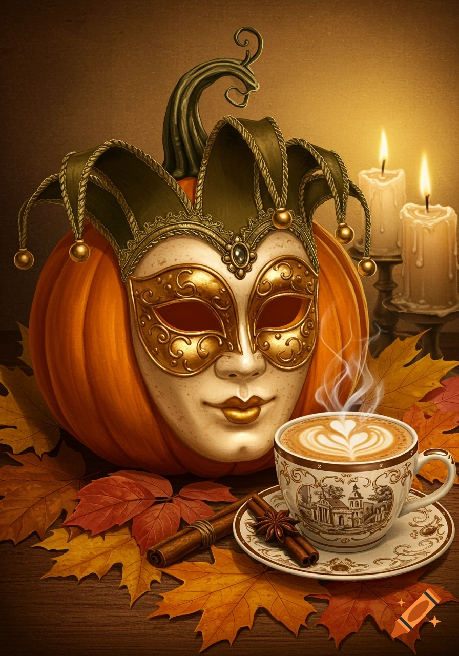 A pumpkin wearing a golden Venetian mask and jester hat, surrounded by autumn leaves, candles, and a steaming latte on a wooden table.