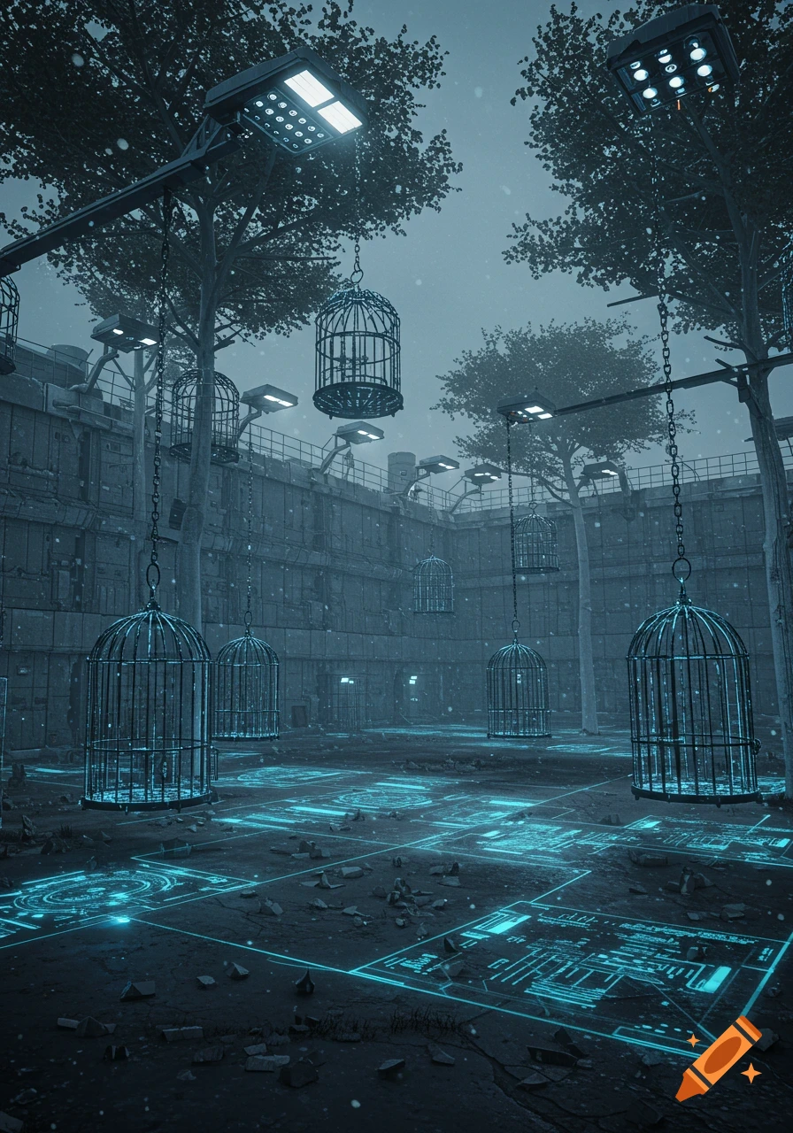 A futuristic, dystopian prison yard with glowing blue circuit patterns on the ground, surrounded by tall walls and trees with suspended cages.