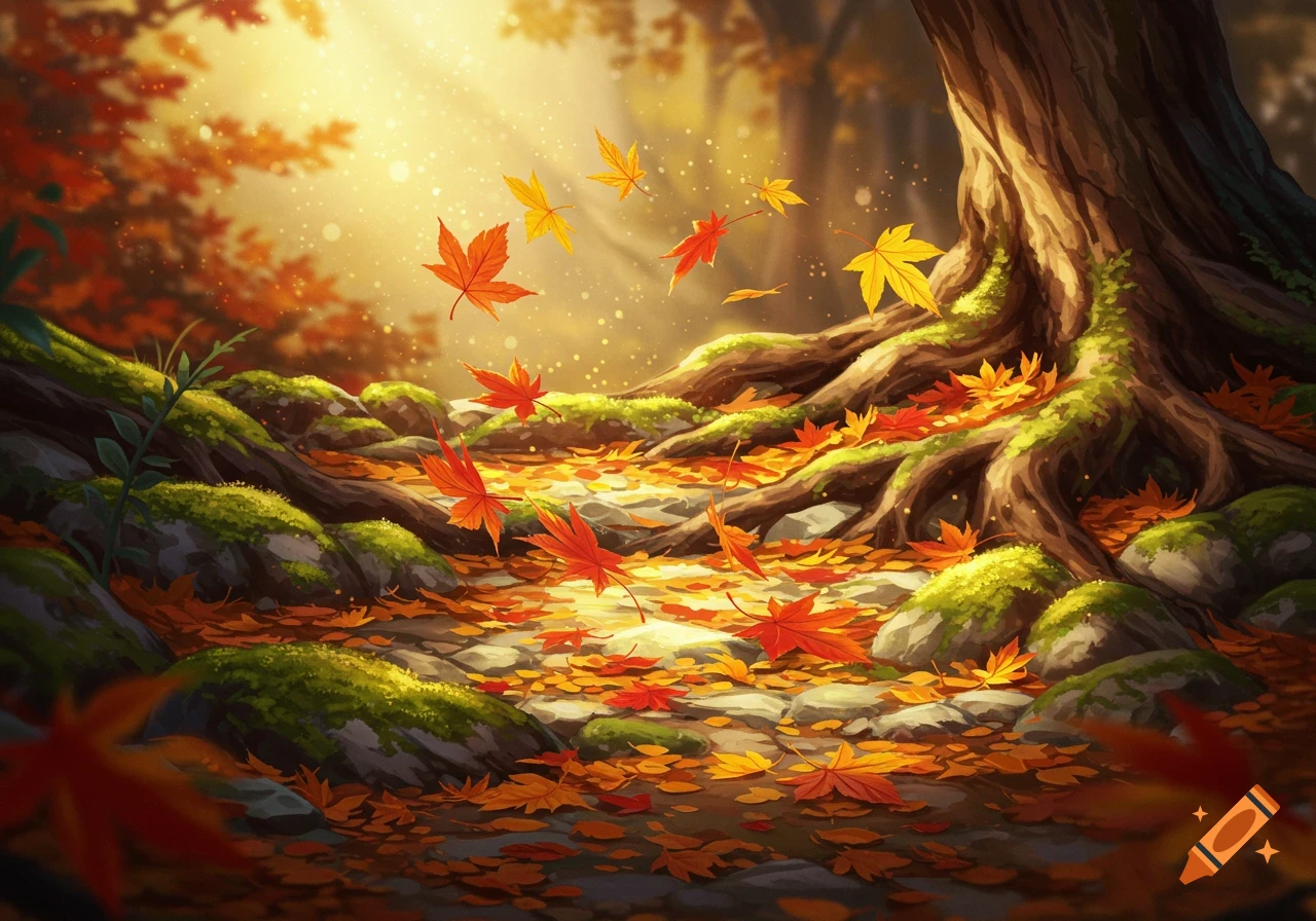 Illustrative autumn forest scene with falling red and yellow leaves, sunbeams, and mossy rocks around a tree trunk.