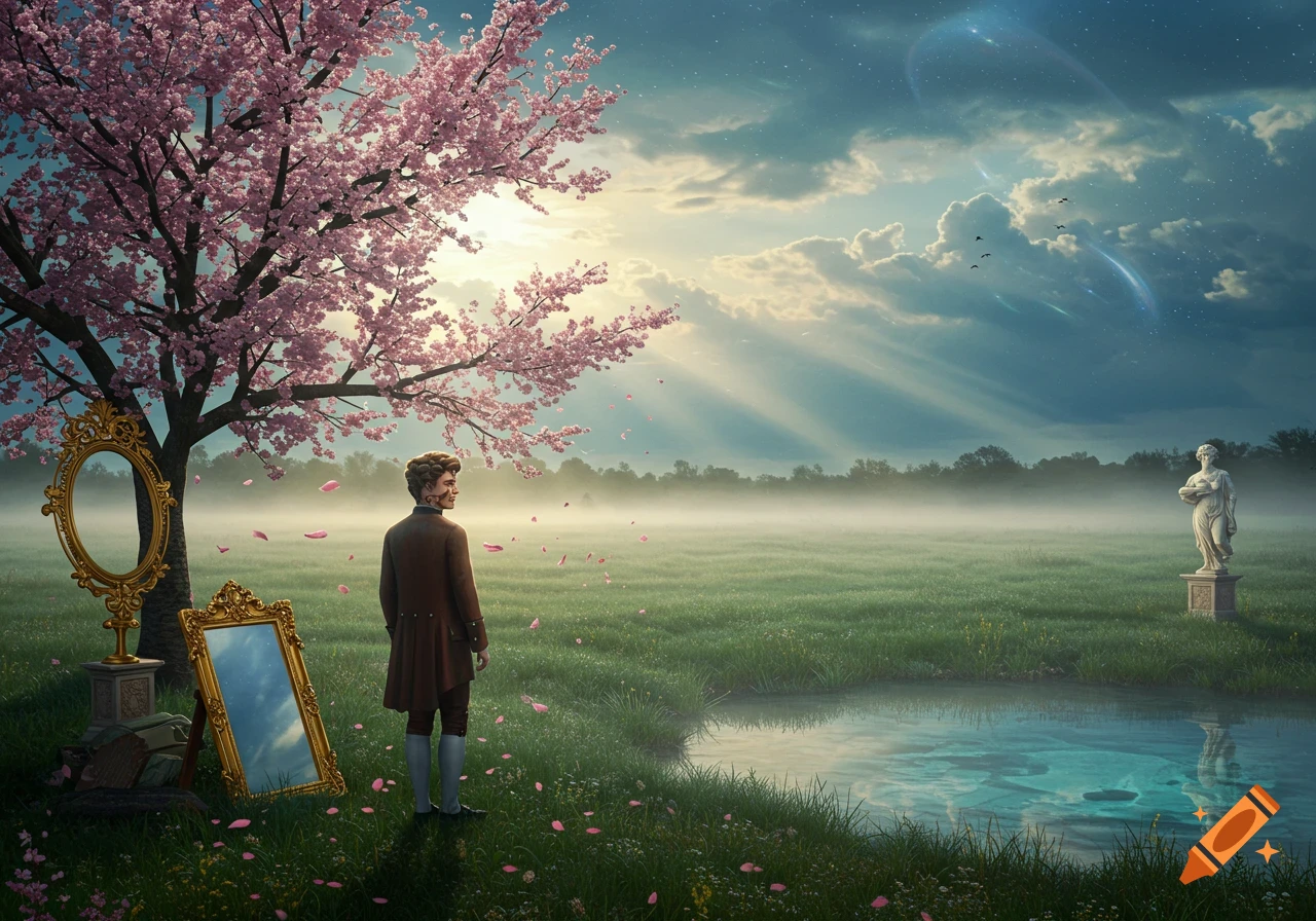 A man in a brown coat stands in a misty field with a cherry blossom tree, ornate mirrors, a pond, and a classical statue under a bright sky.