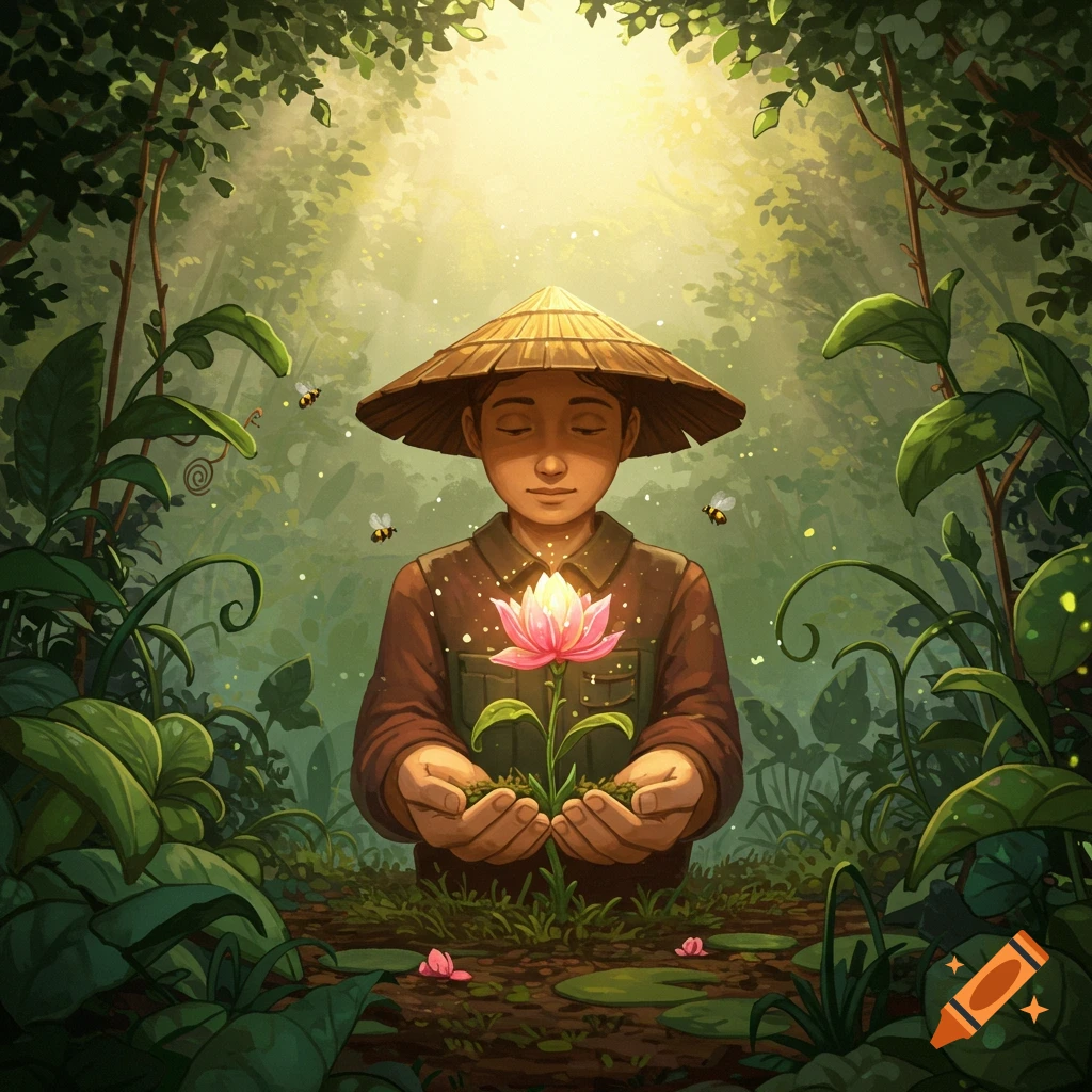 A stylized illustration of a person in a conical hat holding a glowing pink lotus flower in a lush, sunlit forest with bees flying.