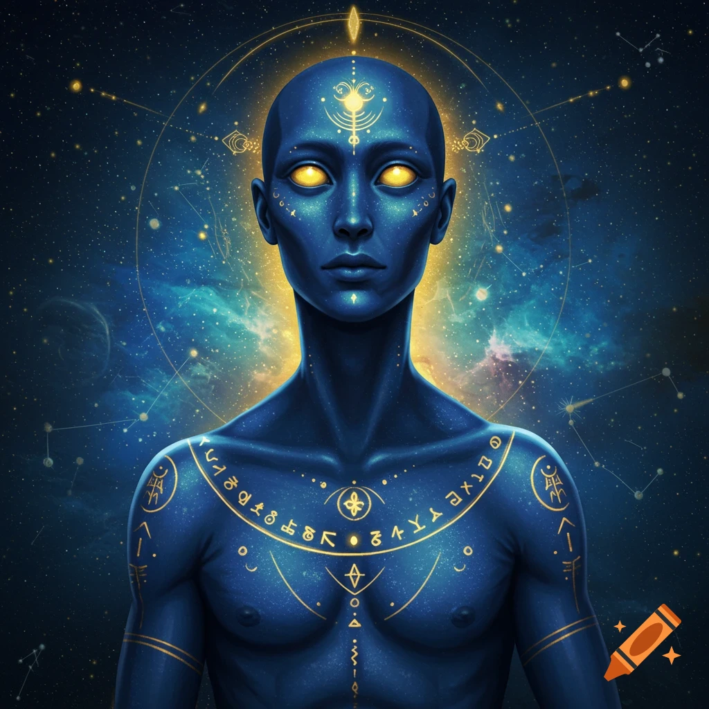 A blue-skinned alien humanoid with glowing golden eyes and intricate, glowing golden symbols across its chest and shoulders, set against a starry cosmic background.