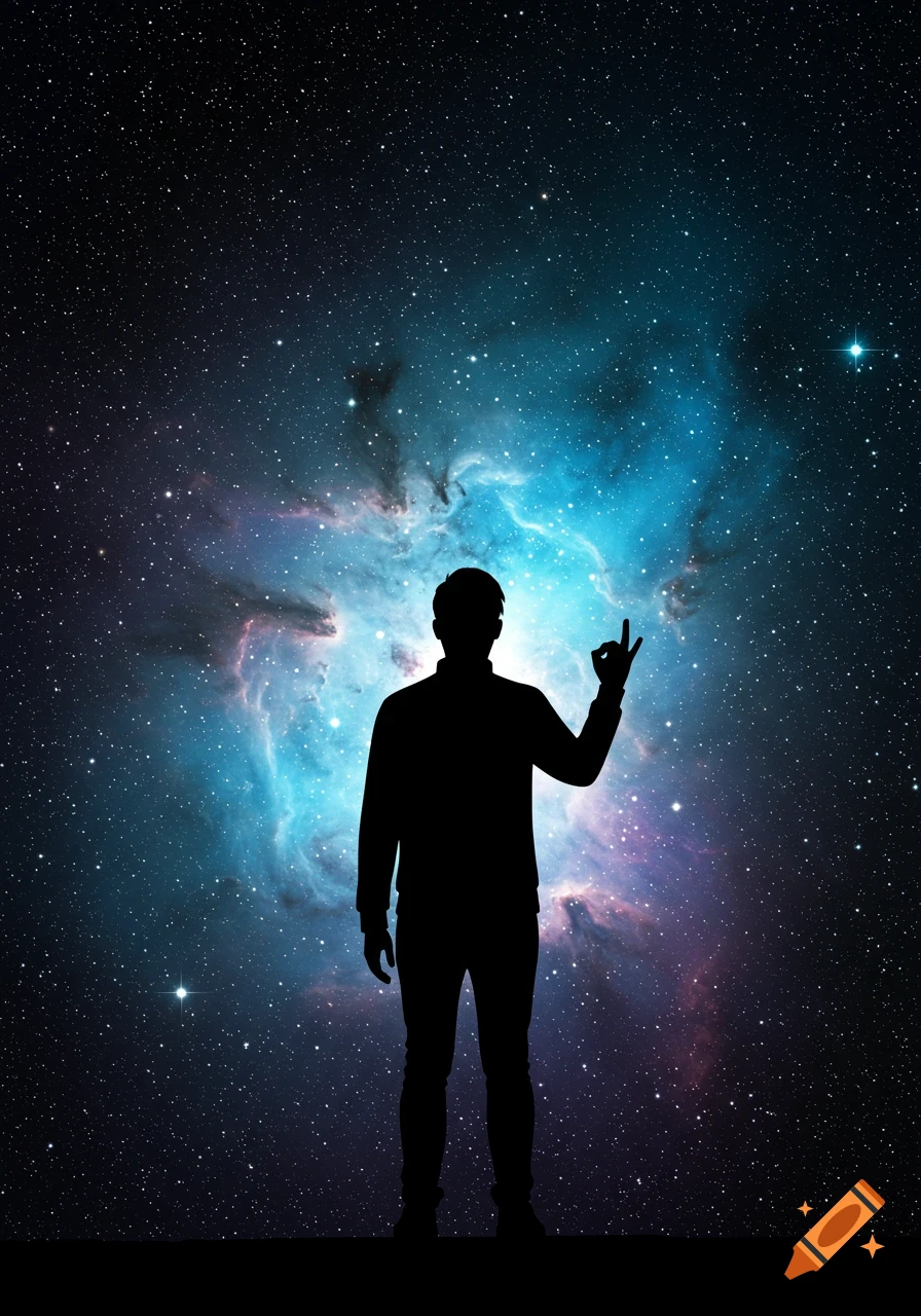 Silhouette of a person making a hand gesture against a vibrant blue and purple nebula background with stars.