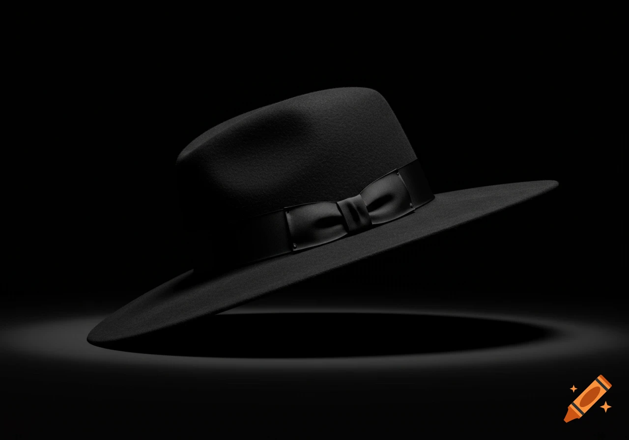 A stylish black fedora hat with a ribbon band and bow, subtly lit against a dark background.