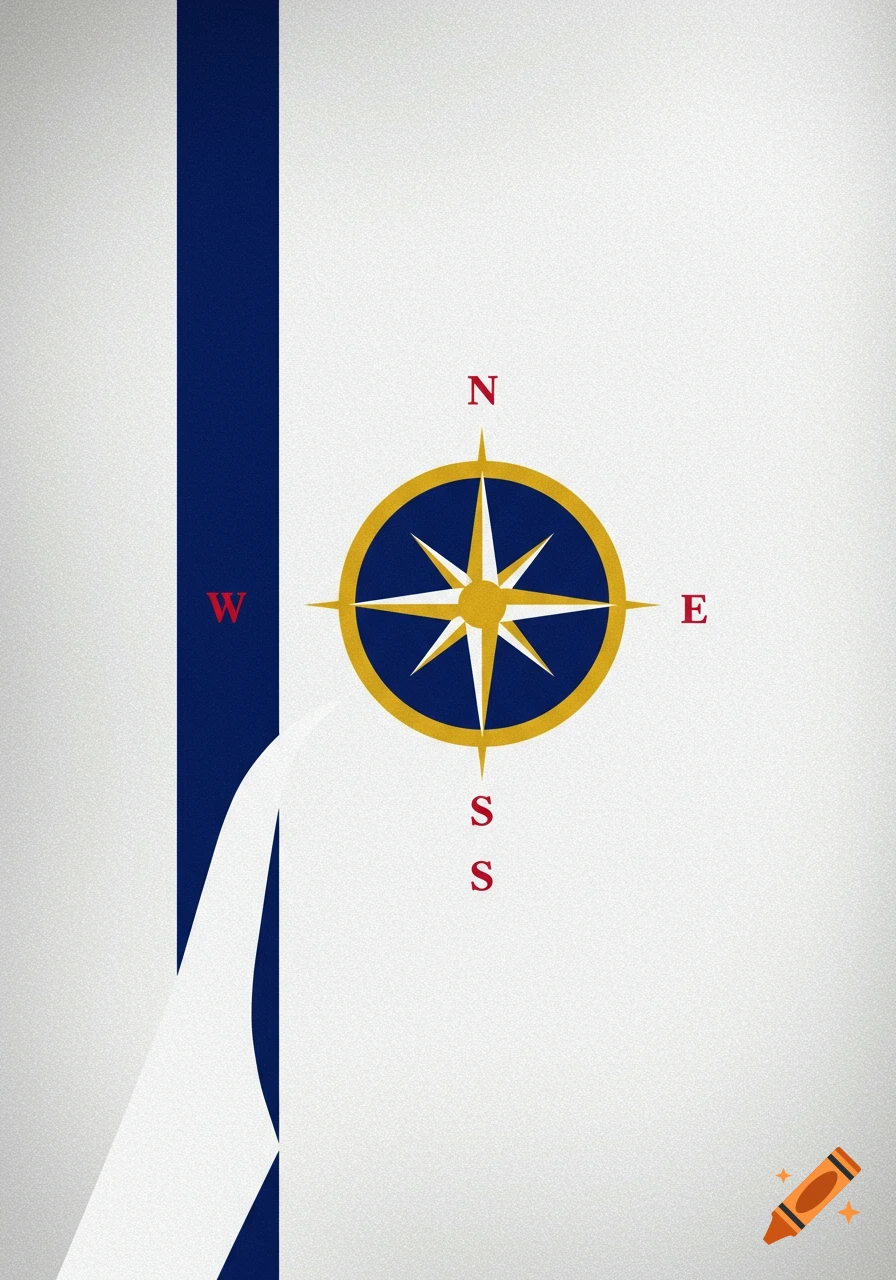 A minimalist flag design featuring a gold and navy blue compass rose with N, W, E, and two S letters, on a white background.