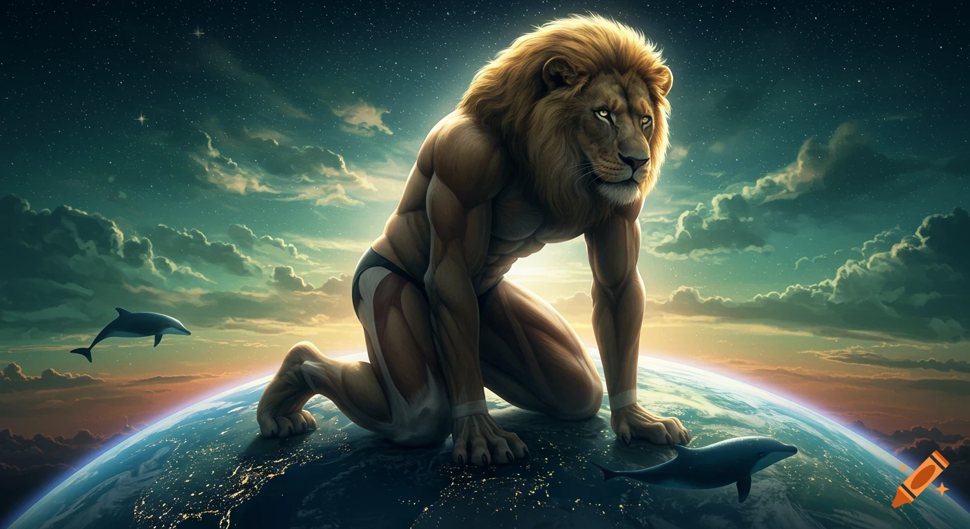 Photorealistic anthropomorphic lion in a speedo kneeling on Earth, with dolphins swimming in a star-filled sky.
