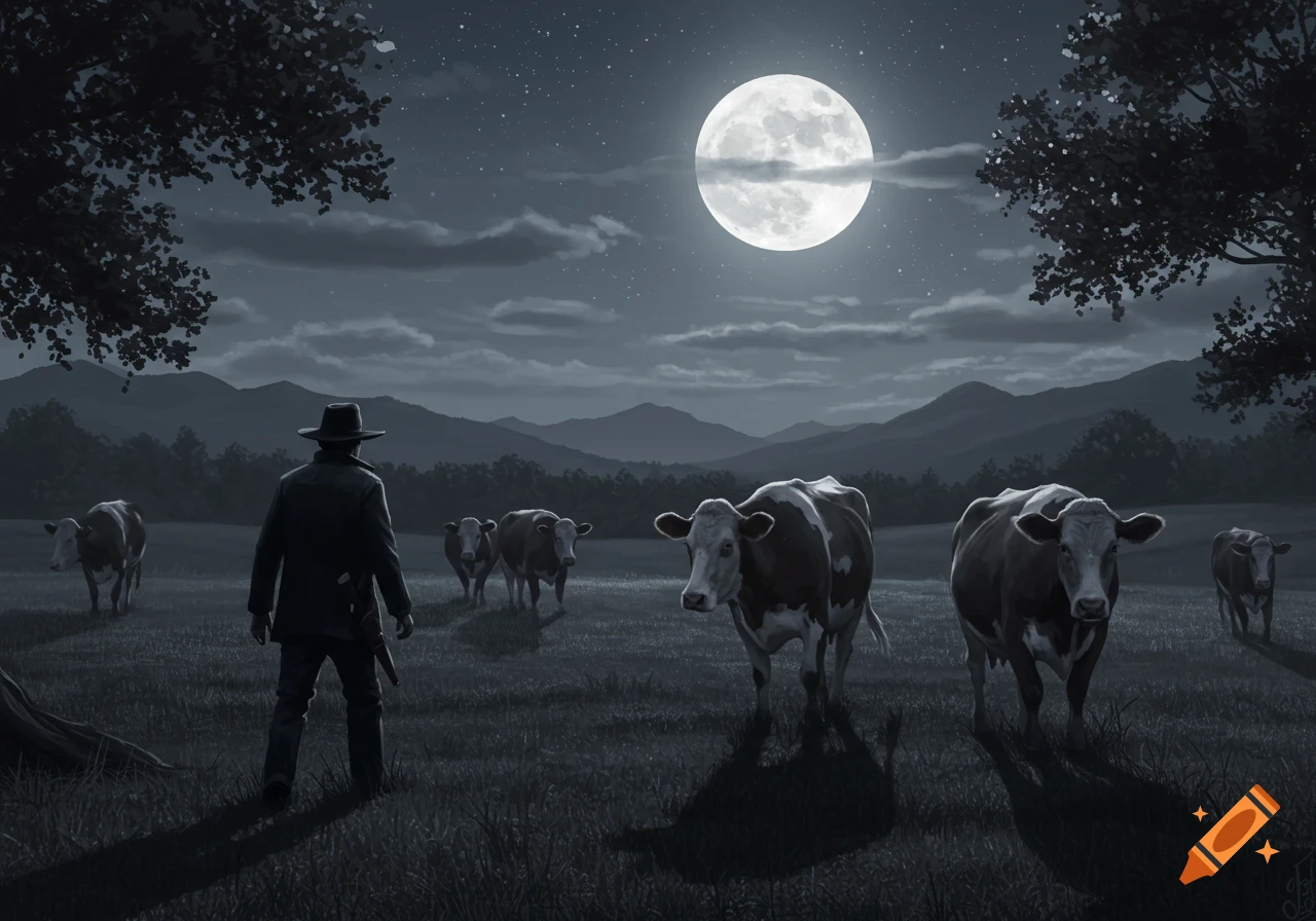 A man in a hat stands in a moonlit field among cattle. Dark, stylized illustration.