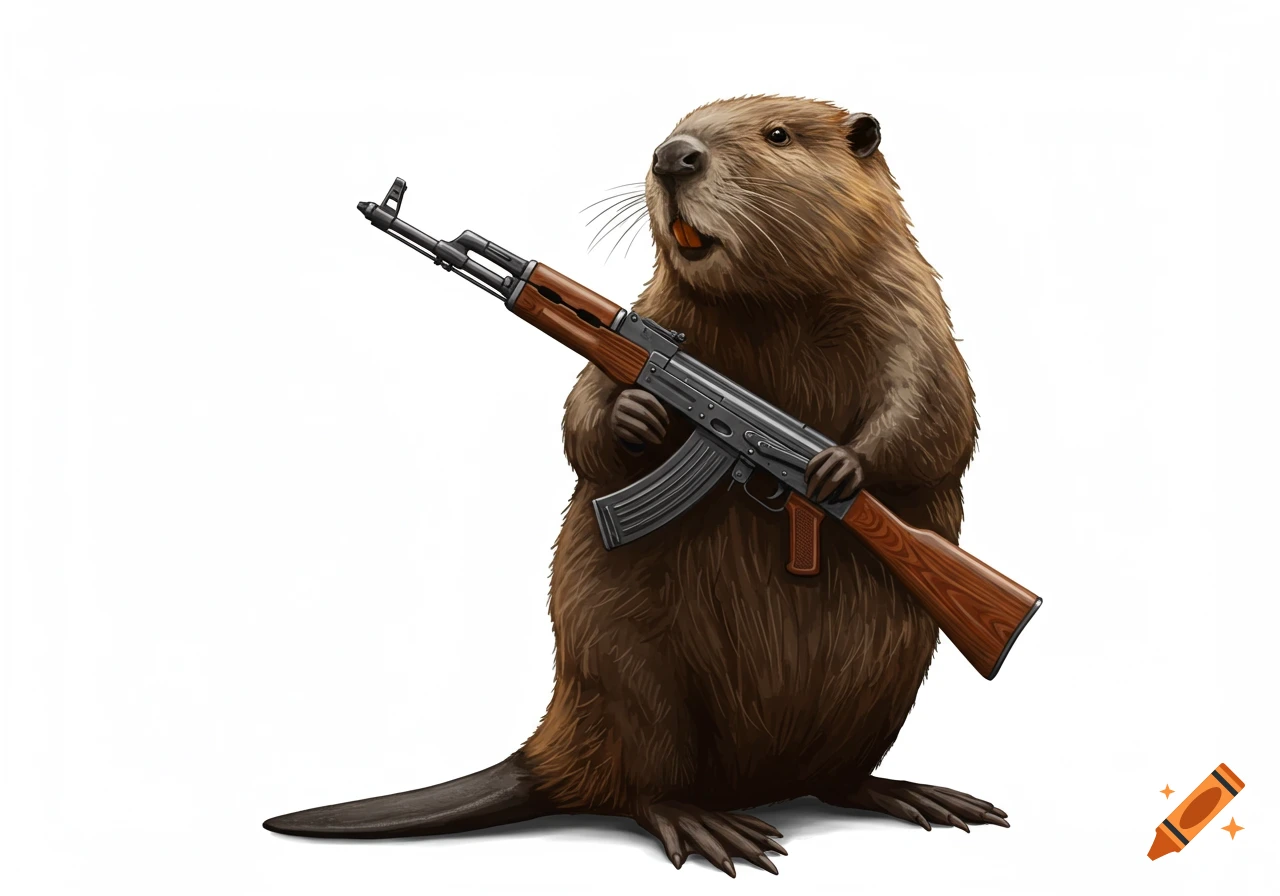 A cartoonish beaver stands on its hind legs, holding an AK-47 assault rifle on a white background.