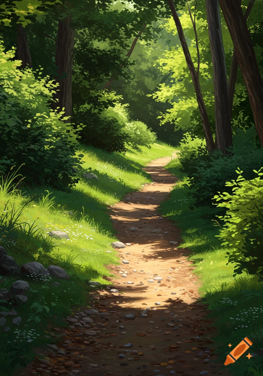A sun-dappled dirt path winds through a vibrant green forest, surrounded by lush bushes and tall trees in a stylized art style.