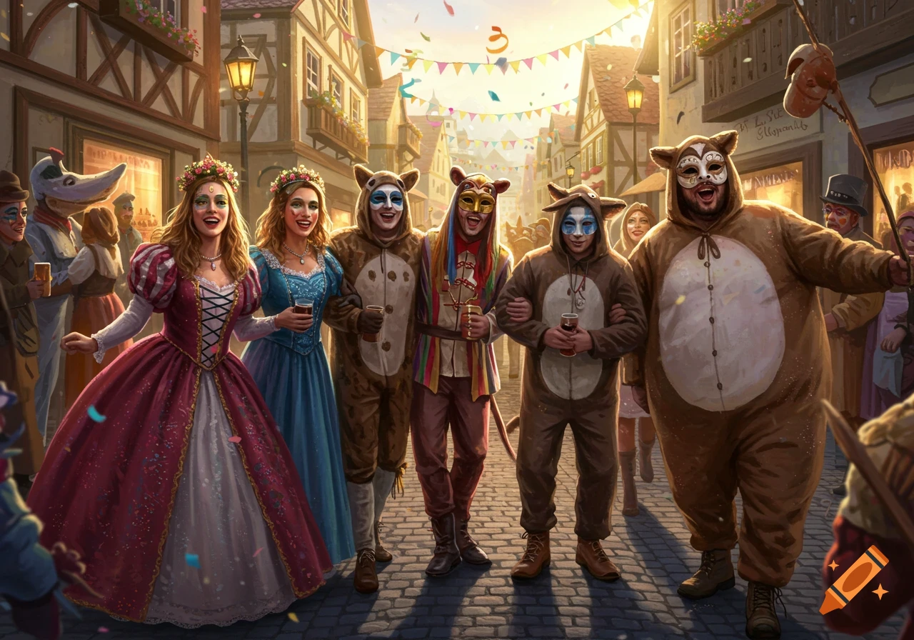 A group of people in various carnival costumes, including princesses and bear suits, celebrate in a festive European street scene with confetti and garlands.