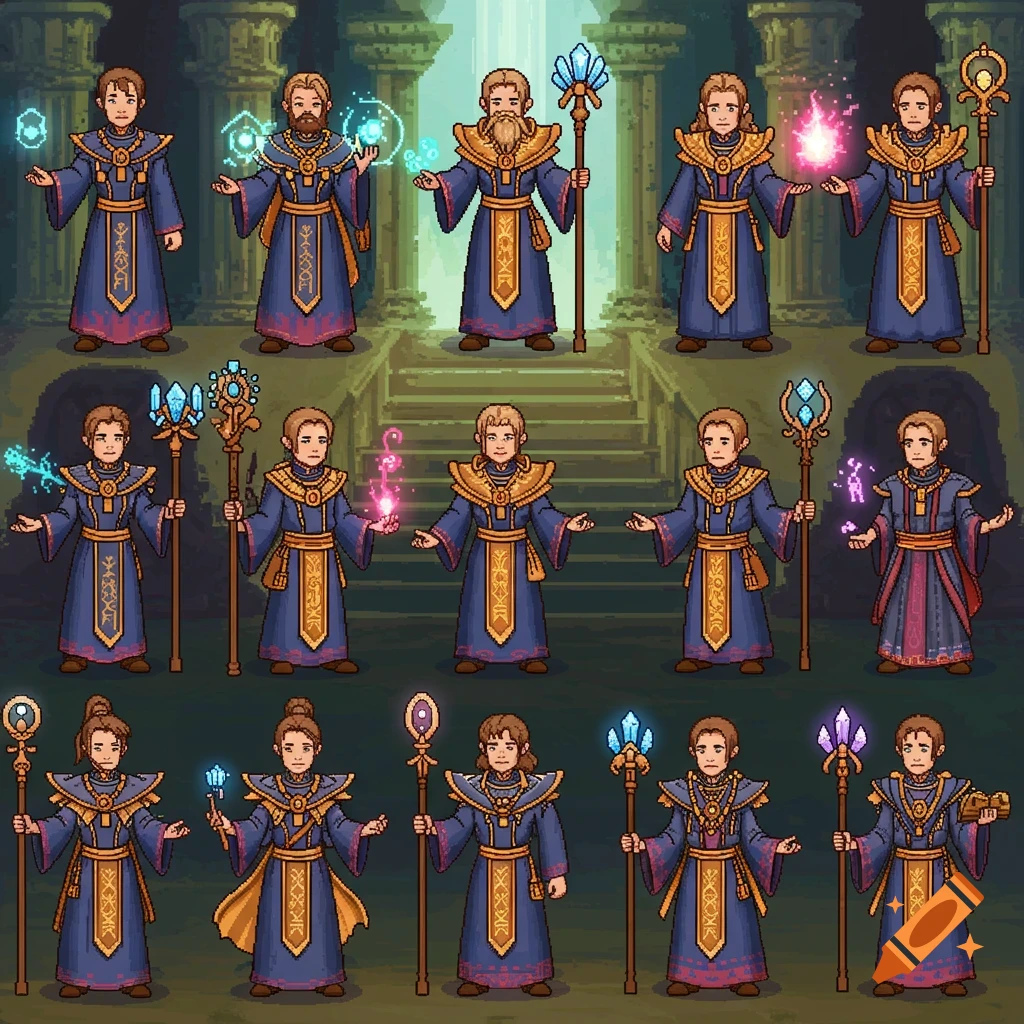 A pixel art sprite sheet showing twelve fantasy priests or wizards in blue and gold robes, holding staffs and casting spells, against a temple background.