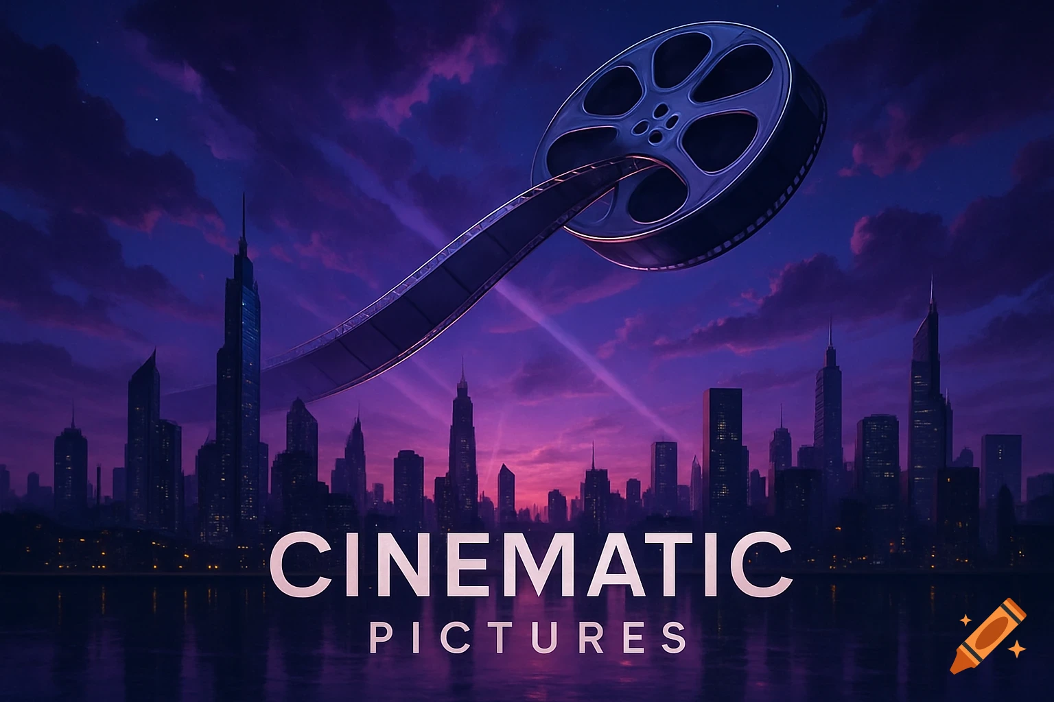 A stylized nighttime cityscape with a giant film reel hovering above, and the text "CINEMATIC PICTURES" below.