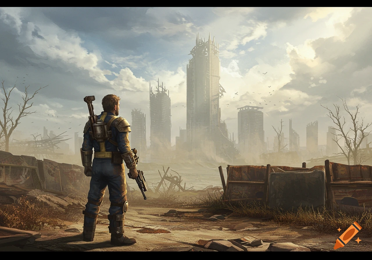 A lone survivor in a blue and yellow suit overlooks a ruined post-apocalyptic city under a cloudy sky, digital art.