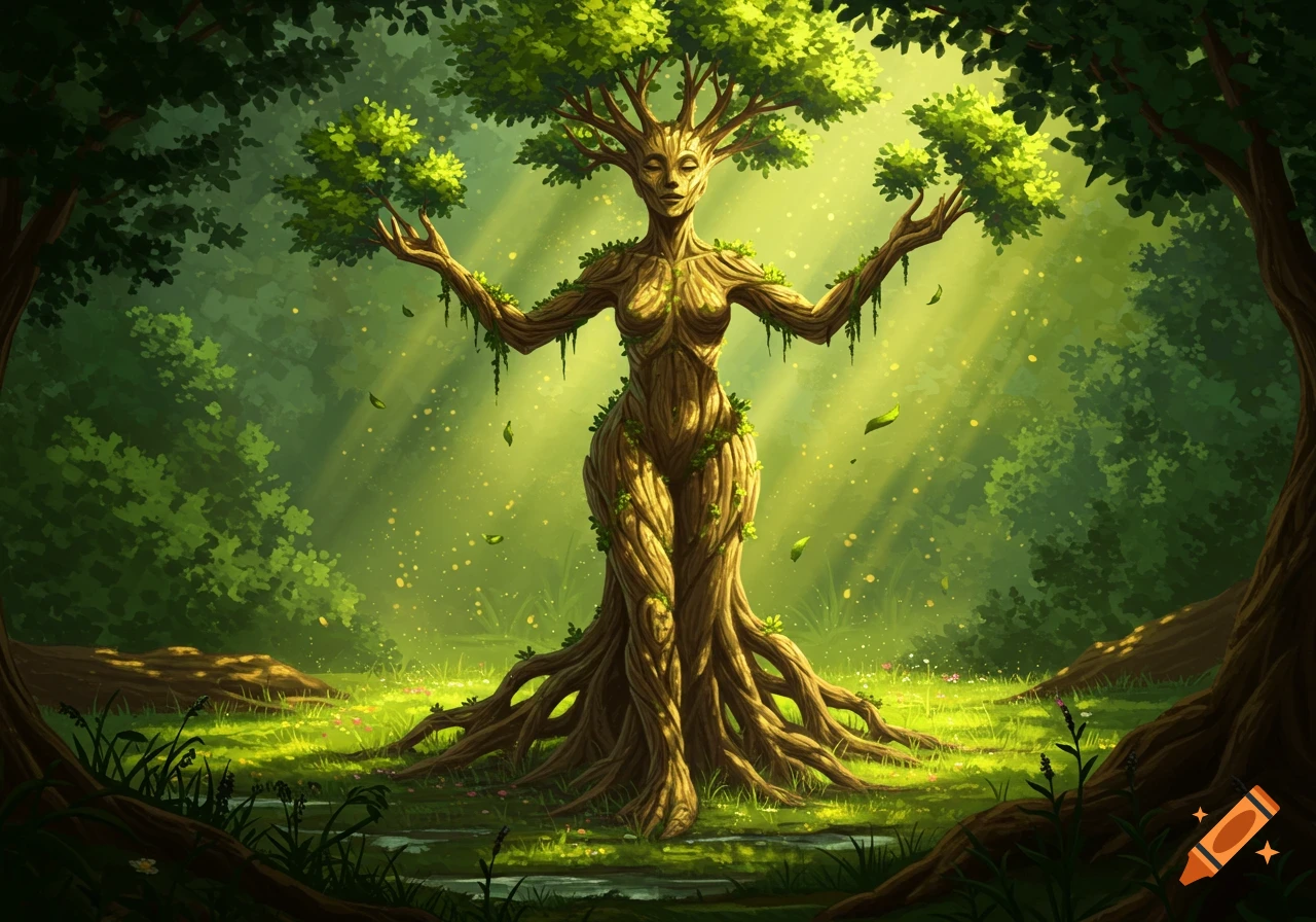 A majestic tree spirit with a human-like body made of bark and roots, standing in a lush, sunlit forest.