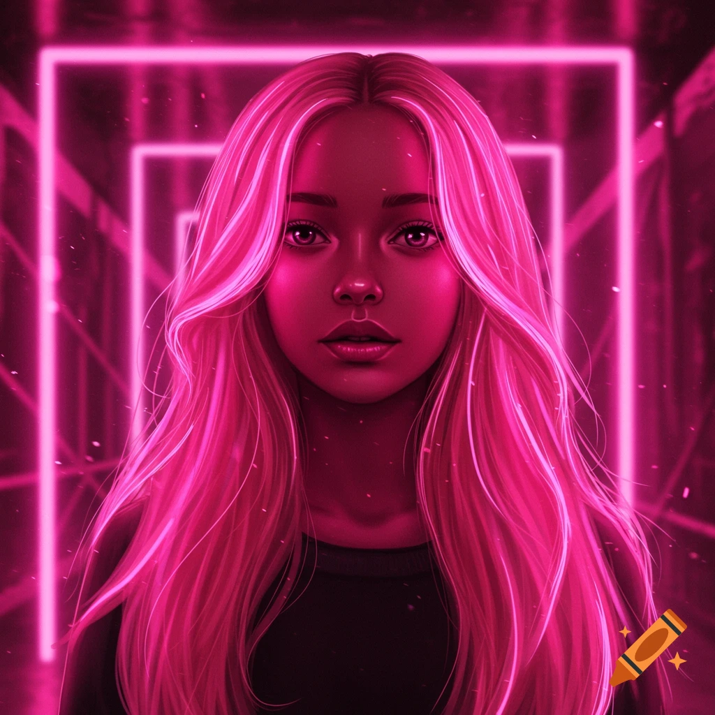 Digital art portrait of a girl with long glowing pink hair and pink neon lighting.