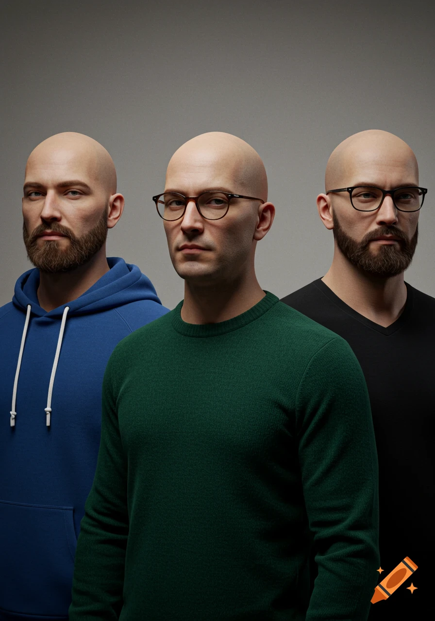 Three bald men, one with a beard in a blue hoodie, one with glasses in a green sweater, and one with a beard and glasses in a black V-neck.
