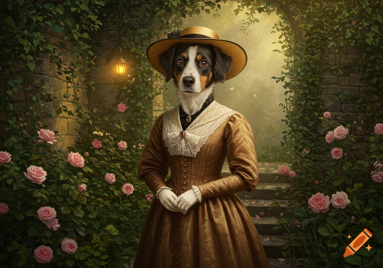 A tri-color dog wearing a brown historical dress and straw hat poses formally in a lush rose garden.