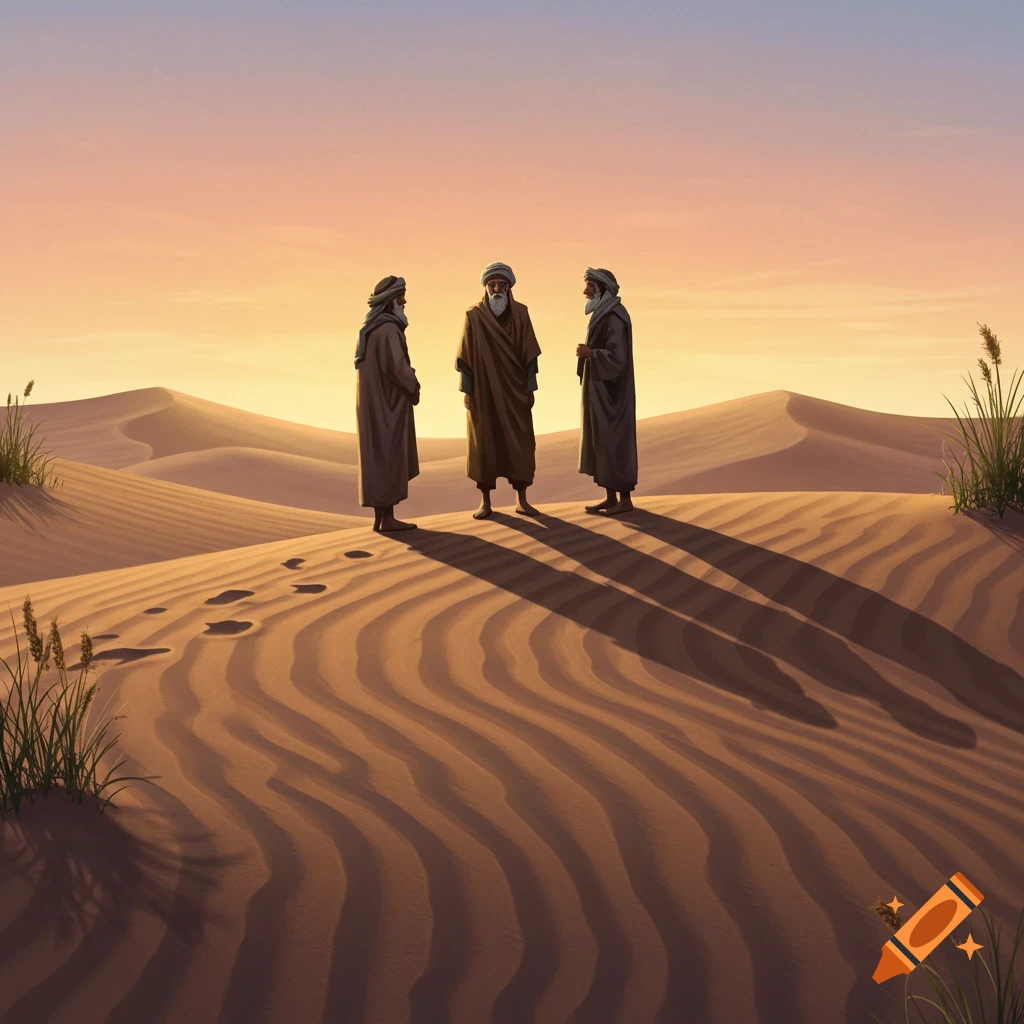 Three robed old men stand on a rippled sand dune in a vast desert under a clear, warm sky, casting long shadows.