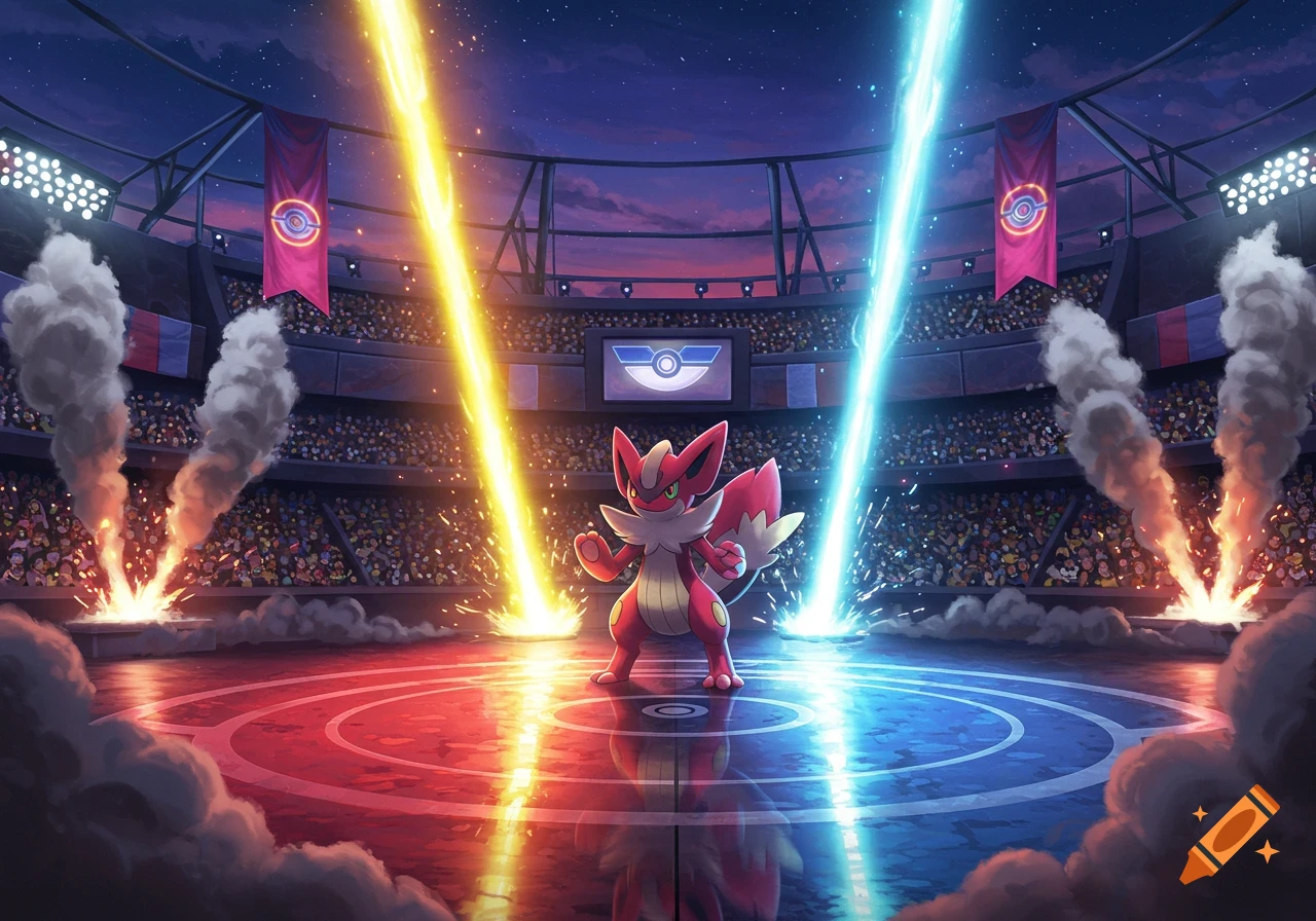 A red fox-like creature stands in a futuristic stadium with yellow and blue energy beams and a cheering crowd.