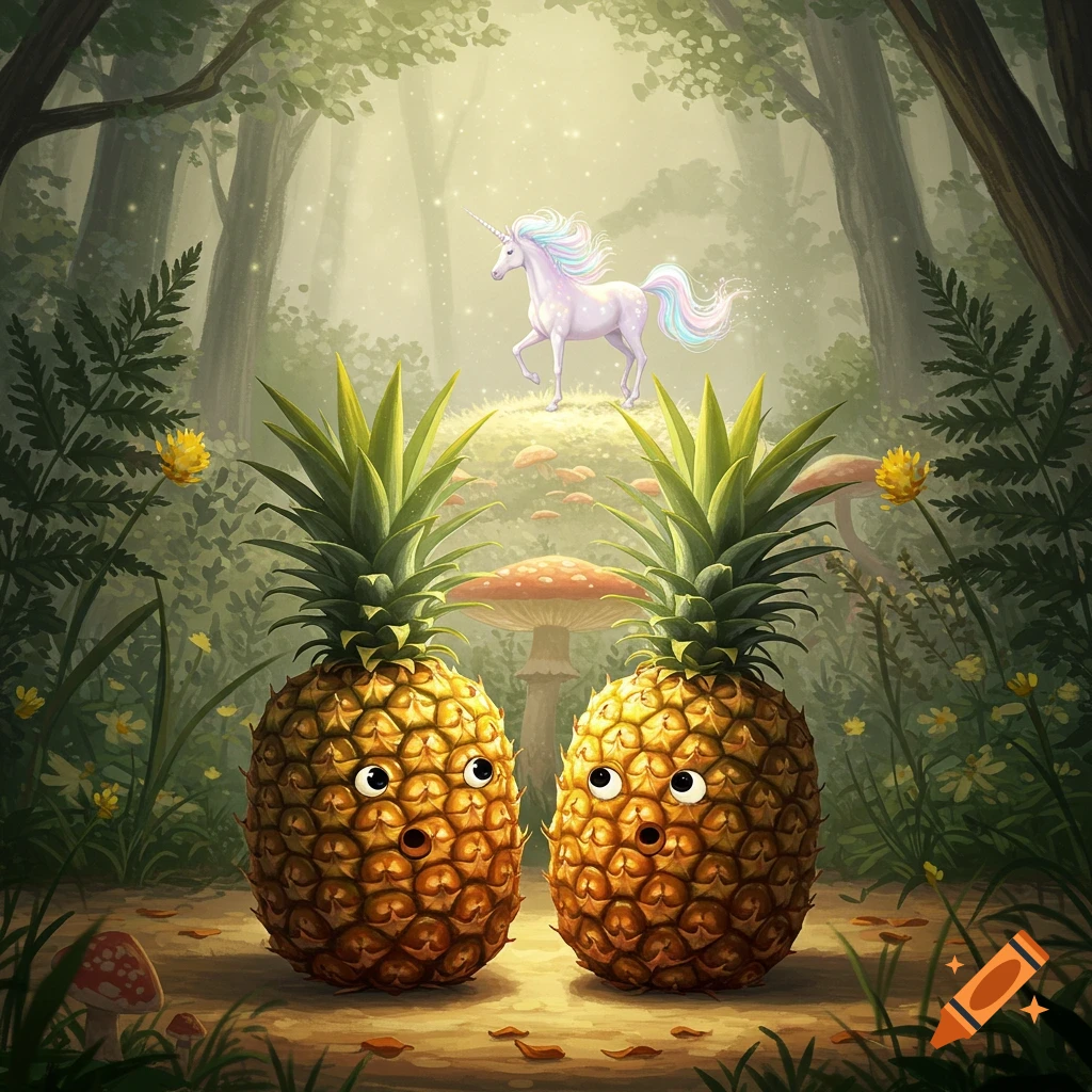 Two anthropomorphic pineapples with googly eyes and small mouths gaze up at a shimmering unicorn in a magical forest setting.