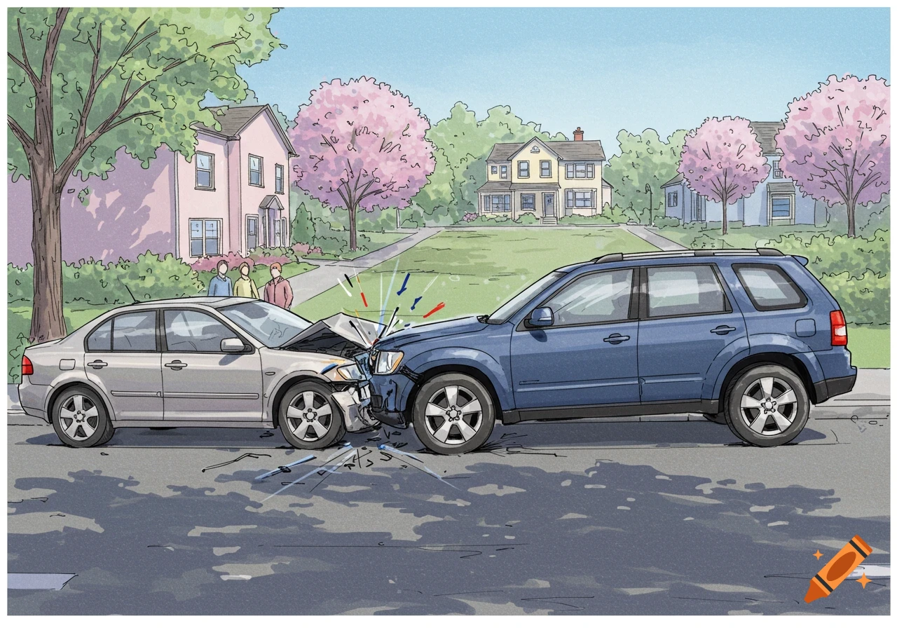 Illustration of a head-on car accident between a grey sedan and a blue SUV on a suburban street.
