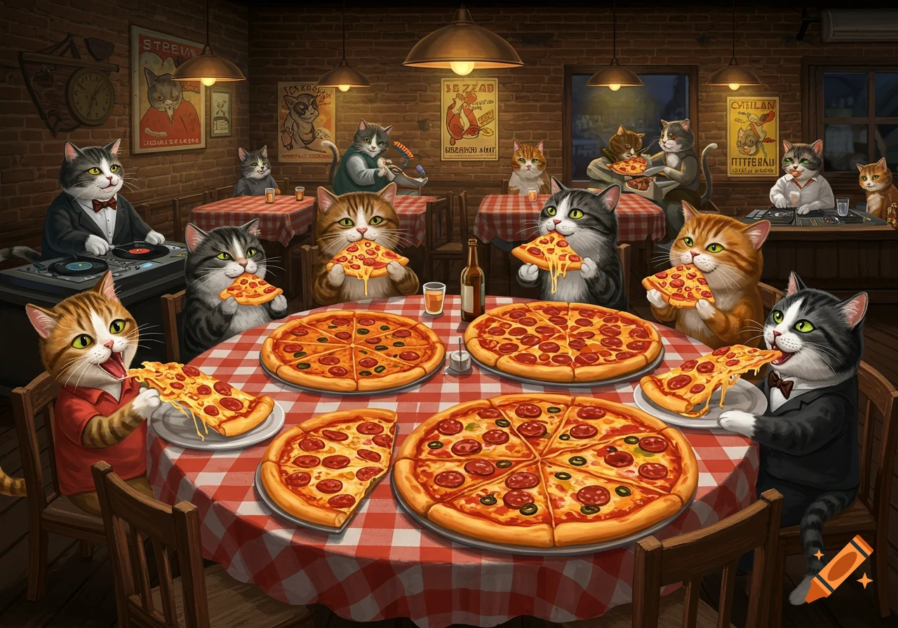 Anthropomorphic cats in a cozy restaurant eagerly eating slices of pepperoni pizza.