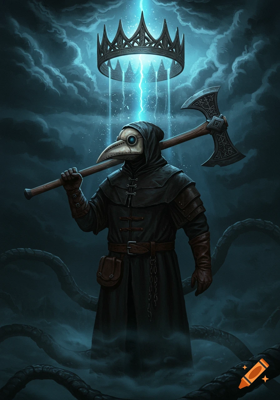 A plague doctor in a dark cloak and beaked mask holds a fantasy axe under a glowing, floating crown in a dark, cloudy, mysterious setting.