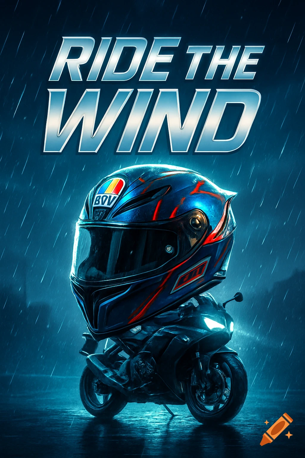 A dynamic image of a blue and red motorcycle helmet sitting on a sport bike in the rain, with the bold text "RIDE THE WIND" above.
