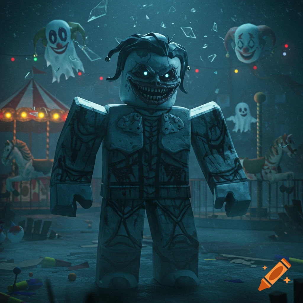 A scary Roblox character with a grotesque grin and glowing eyes stands in a dark, abandoned carnival with creepy clown ghosts.
