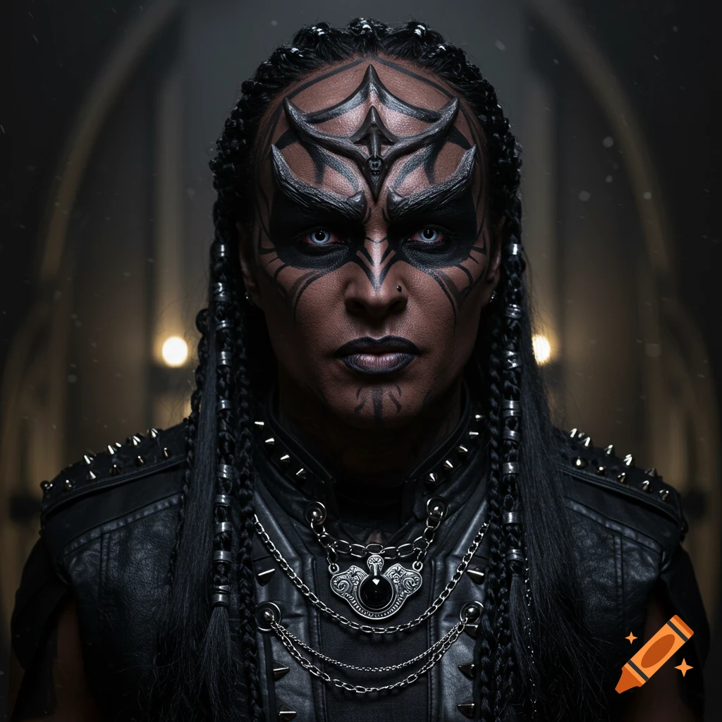 A photorealistic portrait of a person with intricate black and gray facial markings, pale blue eyes, and long braided hair, wearing a studded black vest and chains.